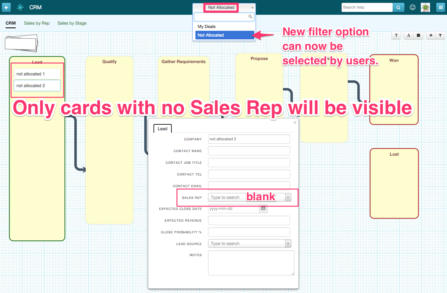 board view showing not allocated filter